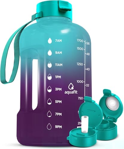 AQUAFIT Half Gallon Water Bottle with Time Marker | BPA Free Half Gallon Water Bottle with Straw and Chug Lids - Leakproof Gym Water Bottle with Carry Handle (Galaxy) - color: Galaxy, size: 64 Ounces