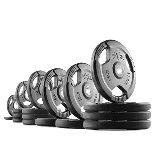 XMARK TRI-GRIP Pair or Set of Olympic Weight Plates, Rubber Coated Exercise Weights for Olympic Barbell, Strength Training Weight Set for Home Gym - color: 25) Set 365 lbs