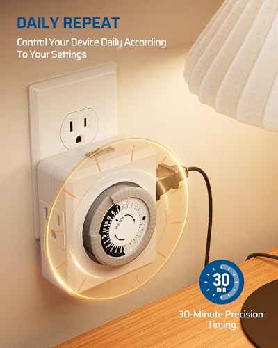 DEWENWILS 24 Hour Cycle Plug-in Mechanical Timer 2 Pack, Indoor Timer for Electrical Outlets, 30-Minute Intervals, Dual 3 Prong Outlets, 125V 15A for Room Lights, Lamps, ETL Listed