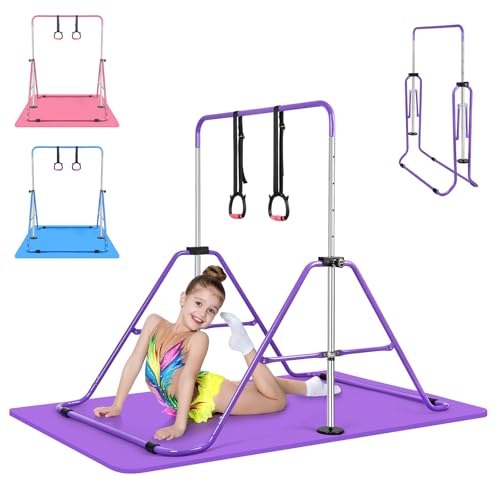Expandable Gymnastics Bars with Ring, Adjustable Height Gymnastic Horizontal Bars, Gym Junior Training Bar Children Folding Training Monkey Bars for Kids - color: Mat+Purple