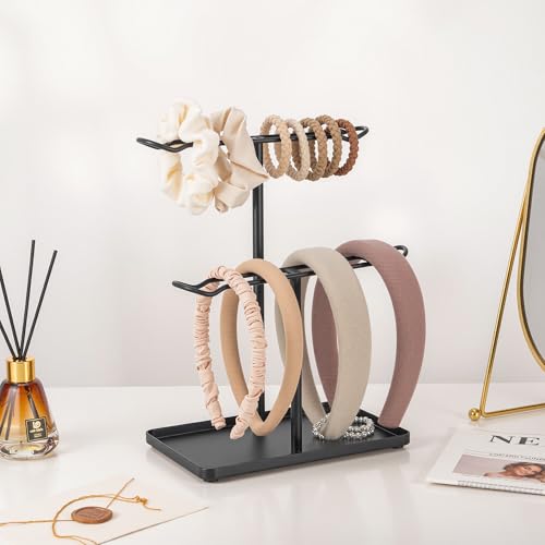 Headband Holder Organizer, 2-Tier T-bar Storage Stand with Tray for Hair Accessories Hairband Hair Clip, for Girls Women, Black - color: Black-black
