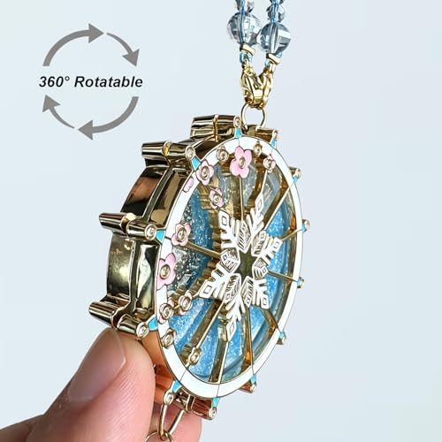 Nautical Ship Wheel Snowflake Crystal Car Charm, 24K Gold Plated Rearview Mirror Hanging Ornament with AB Crystal Tassel, Luxury Winter Car Interior Gift for Women (Ferris Wheel 3)