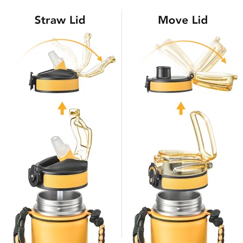 GOSWAG 24oz Insulated Stainless Steel Travel Water Bottle, 2 Lids | with straw and no straw, Paracord handle, Double-wall vacuum keeps drinks cold or hot, Leakproof tumbler - color: Ginger Yellow-Beige Ombré