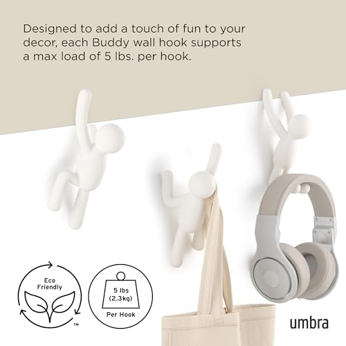 Umbra Buddy Wall Hooks, Decorative Wall Mount Coat Hooks, Set of 3, White | Easy install with hardware, holds 5lbs per hook, entryway bedroom bathroom dorm, playful hanging storage, recycled plastic - color: White