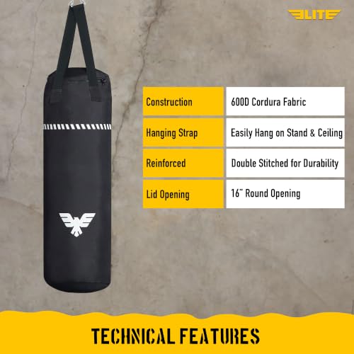Elite Sports Boxing Bag 4 FT – Heavy Duty Canvas Punching Bag with Straps for Boxing, Training, MMA, Muay Thai, Kickboxing, Martial Arts & Fitness – UNFILLED Heavy Bag - color: Black