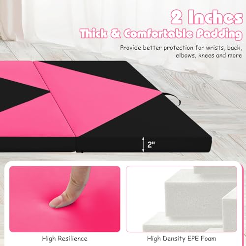 Goplus Gymnastics Mat, Folding Tumbling Mat with Carry Handles, Hook & Loop Fasteners, 4 Panels for Fitness Exercise Yoga Stretching Aerobics Workouts, Thick Gym Mats for Home - color: Rose&Black