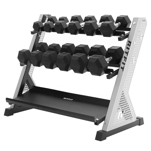 RitFit Rubber Hex Dumbbell Set with 3-Tier Dumbbell Rack,350-780LB Hand Weight Set with Anti-Slip Grip,1000LB Capacity Heavy Duty Steel Weight Storage Rack for Home Gym - color: Silver