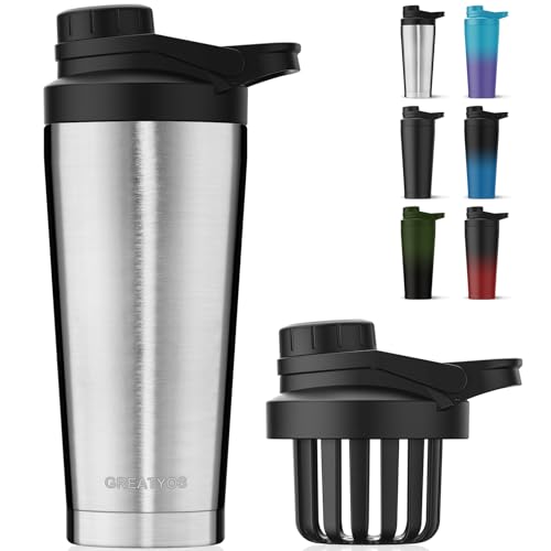 Greatyos Stainless Steel Shaker Bottle with Noise-Free Design - Patented 24 oz Insulated Metal Shakers Bottles Cup for Protein Mixes and Pre Workout 100% Leak Proof (Steel) - color: Steel