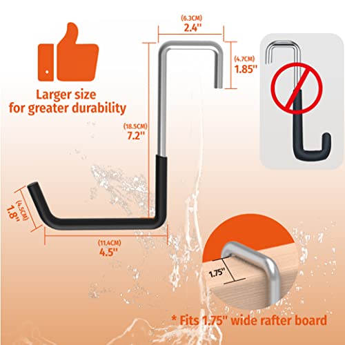 HUHOLE 4 Pack Rafter Hooks for Garage Storage Large S Hooks | No Drill Utility Hangers with 50 lb Capacity for Bikes, Ladders, Plants, Hoses, Wood Joists and Beams