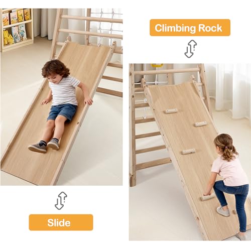 Indoor Jungle Gym, Wooden Indoor Playground, (7 in 1) Toddler Climbing Toys, Gym with Slide, Climbing Net, Swing, Gymnastics Ring