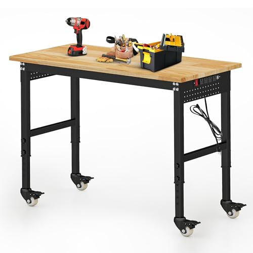 Betterhood 48" Adjustable Workbench on Wheels, Rubber Wood Heavy Duty Workstation with Power Outlets&2 Pegboards, 2000 Load Capacity Hardwood Worktable for Workshop, Garage, Office, Home, Commercial - size: Metal Wheels/Pegboard/2Power Outlets /48"x24"x39