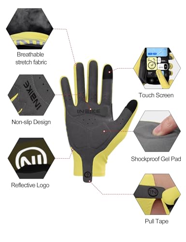 INBIKE Breathable Bike Gloves for Men Women, Full Finger Pad Cycling Gloves, Touchscreen Reflective Mountain Biking Bicycle - color: Yellow, size: Small (Hand Circumference 7-7.25inch)