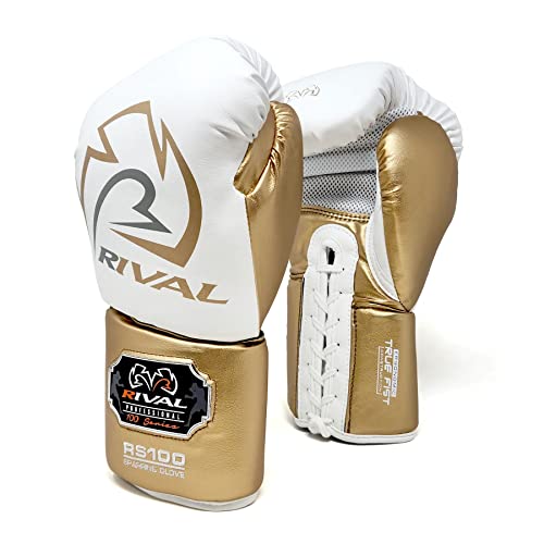 RIVAL Boxing RS100 Professional Lace-Up Sparring Gloves, Handcrafted with Super-Rich Microfiber PU, Ergonomically Designed to Perfectly Fit Your Hand - color: White/Gold, size: 18 oz.