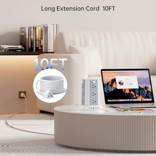Power Strip 10 Ft Extension Cord with 12 AC Multiple Outlets 4 USB (1 USB C), SMALLRT Power Strip Tower Desktop Charging Station for Home Office College Dorm Essentials - color: White, size: 10 ft PD20W