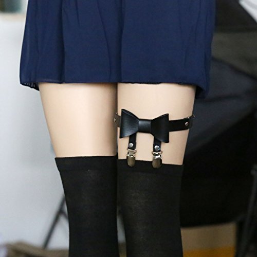 Adjustable Elastice 2 Rows Leather Leg Harness Garter Belt Punk Gothic Thigh Ring Garter - color: Black Bowknot With 2 Clips