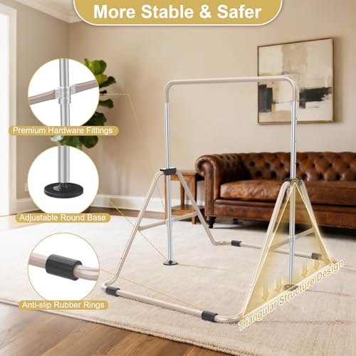 SHIWEI Gymnastics Bar for Kids, Gymnastic Kip Bar 5-Height Adjustable Home | Foldable, Indoor Outdoor Use, 140lb Capacity, for Ages 3-8, with Gymnastics Rings, Anti-Slip & Space-Saving Design - color: Beige