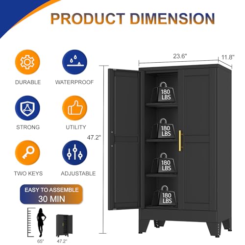 Metal Storage Cabinet with 2 Doors and 3 Adjustable Shelves - 47.2" Steel File Cabinet,Tool Cabinets for Office,Home,Garage,Gym,School,Bathroom,Kitchen(Black) - color: Black, size: 47.2H