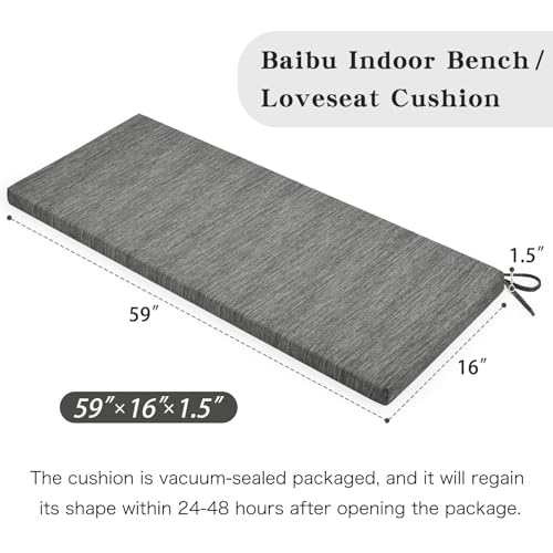 baibu 59 Inch Classic Solid Color Bench Cushion with Ties, Non-Slip Indoor Rectangle Bench Seat Cushion Standard Size Foam Pad with Machine Washable Cover (Grey, 59x16x1.5Inch) - color: Grey, size: 59x16x1.5 Inch (Pack of 1)