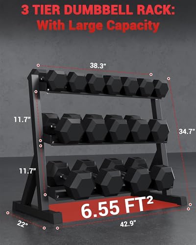 Heavy Duty Steel 3-Tier Dumbbell Rack for Home Gym – Space-Saving Weight Storage Shelf – Non-Slip Base, Rubber Guards, Holds Up to 480/800/1000 LB, Fits 5 or 6 Pairs Hex Weights