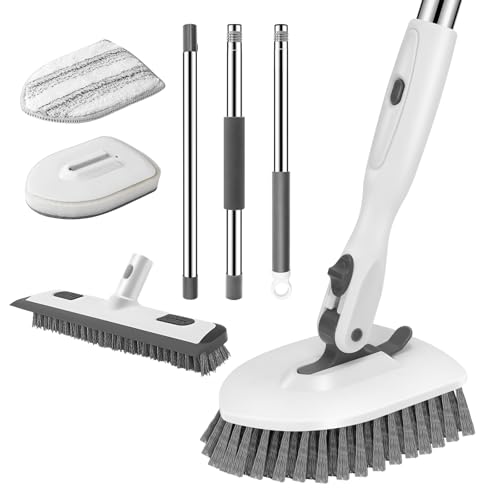 SetSail 4-in-1 Tile Tub Floor Scrubber with 52-inch Adjustable Long Handle Shower Cleaner Brush Comes with Floor Scrub Brush and 3 Replacement Brush Heads for Cleaning Bathroom Tub Tile, White Grey - color: White Grey, size: 2 Pads + Floor Brush