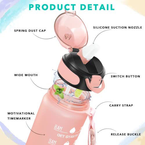 Enerbone 32 oz Water Bottle with Times to Drink and Straw, Motivational Drinking Water Bottles with Carrying Strap, Leakproof BPA & Toxic Free, Ensure You Drink Enough Water for Fitness Gym Outdoor - color: Lotus Matte