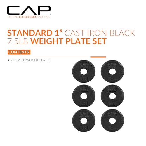 CAP Barbell Standard 1-Inch Cast Iron Weight Plates - Singles & Sets | 1.25-50 lbs | Multiple Options - color: Black, size: 1.25 lb - Set of 6