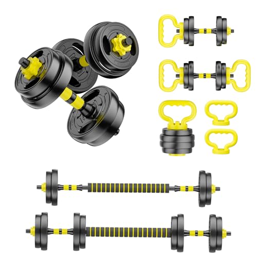 Adjustable Dumbbell Set, 10-90lbs Free Weights with Connector – 4 in 1 Dumbbells, Barbell, Kettlebell & Push Up Stand, Adjustable Weights Set for Home Gym Fitness Equipment for Men & Women - color: Yellow 20lbs (10lbs*2)