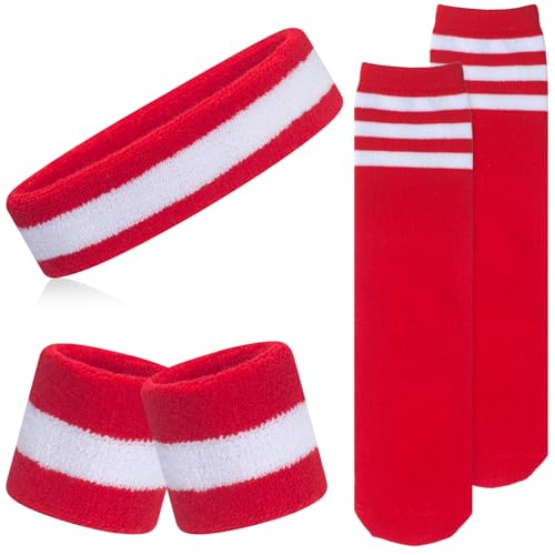 ONUPGO 5 Pieces Kids Sweatbands Soccer Socks Set - Sports Headband, Wristbands, Striped High Socks for Kids, Youth,Toddler & Baby - Football, Basketball, Running, Cycling, Tennis - color: Red/White/Red