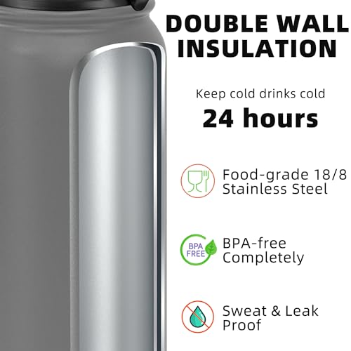 Fanhaw 24 oz Insulated Stainless Steel Water Bottle with Anti-Dust Chug Lid, Leakproof Vacuum Metal Everyday Use Bottle for Kids, Teens & Adults, Back to School Essentials (Gray) - color: Gray, style: 24 Ounces