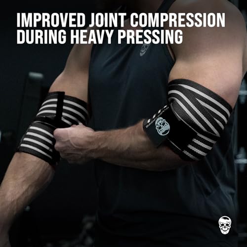 Gymreapers Weightlifting Elbow Wraps (1 Pair) - Flexible 40'' Elbow Compression Strap & Joint Support Brace - for Bench Press, Powerlifting, and Pressing - color: White