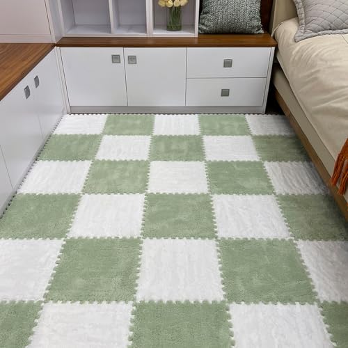 12pcs Carpet Squares Puzzle Floor Mat, Plush Interlocking Carpet Tiles, Anti Slip EVA Foam Jigsaw Floor Tiles, Build A Safe Area for Bedroom Playroom (Green+White) - color: Green+white
