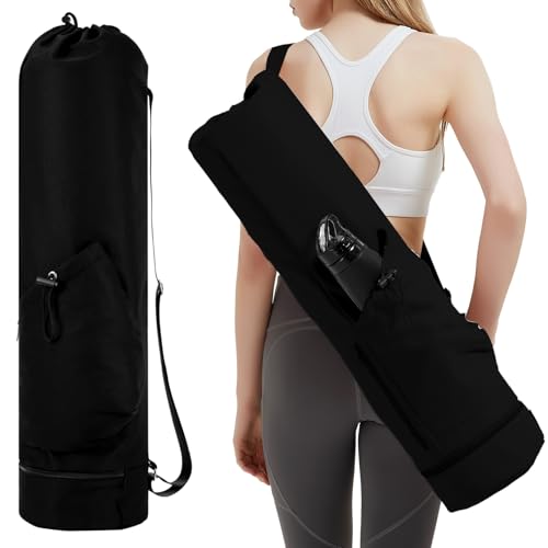 sportsnew Yoga Mat Bag with Water Bottle Pocket & Wet Pocket for Women | Yoga mat carrier fits 1/8"-3/8" yoga mats, quick-access multi-pocket organization, lightweight for gym, Pilates & studio - color: Black, size: Medium