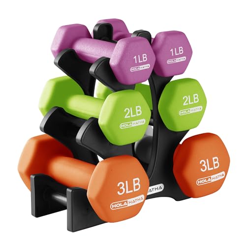 HolaHatha 1, 2 and 3 lb Neoprene Dumbbell Strength Training Weight Set with Rack - color: Multicolor, size: 12 LB