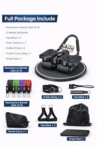 Ab Roller Home Gym Equipment – 4 Wheels Ab Wheel Muscle Roller with Built-in Tracker , 5Pcs Resistance Bands, Ankle Straps, Door Anchor, Handles, Travel Bag – Comfortable Elbow Support with Non-Slip Handles - color: Newer Black 13-In-1-Roller