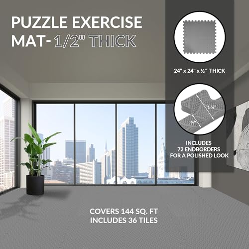 Fitvids Puzzle Exercise Gym Flooring Mat, 1/2" Thick High-Density EVA Interlocking Tiles Workout Mat for Home Gym, Fitness Equipment, MMA, Gymnastics, 36-Piece Shock-Absorbing Exercise Mat (144 Sq Ft) - color: Graphite, style: 1/2" Thick, 36 Tiles (144 Sq