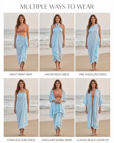 Beach Cover Ups for Women, Cotton Sarong Wrap Pareo | 100% Cotton Sarong Wraps For Women, 73 x 44 In. Pareo Beach Wrap, Bikini Cover Up, Bathing Suit Cover Up, Resort Wear - color: Athena Blue