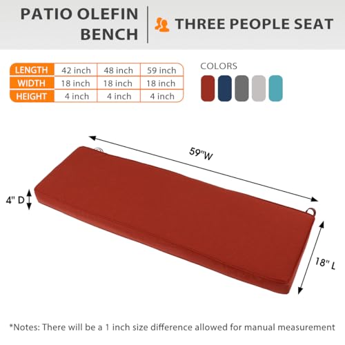 Sundale Outdoor Olefin Bench Cushion， Water-Resistant Patio Couch Cushion, Loveseat Sofa Pad with Straps Red, 59 x 18 x 4 Inches - color: Red, size: 59 X 18 X 4 Inch
