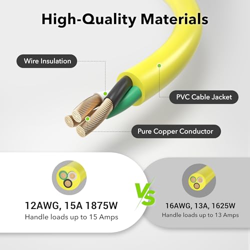 BN-LINK 3ft Outdoor Extension Cord, 12/3 SJTW Heavy Duty Power Cord, 3-Prong Grounded Plug, Weather Resistant, 15A, 1875W, Yellow, for Lawn, Garden, Appliances, ETL Listed - color: Yellow, size: 3FT