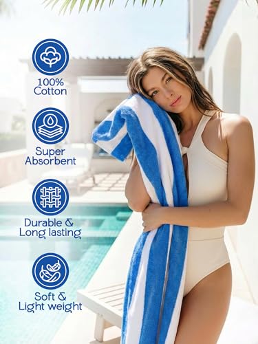 Utopia Towels Pack of 4 Cabana Beach Towels, Oversized 30 x 60 Inches Cotton Beach Towel Set, Smooth Ring Spun Texture for Pool and Swim Days, Modern Striped Design Bath Towels, Blue - color: Blue, size: 30 x 60 - 4 Pack