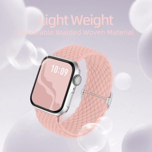 4 Pack Braided Stretchy Bands Compatible with Apple Watch 40mm 41mm 38mm 42mm 44mm 45mm 46mm 49mm Women Men, Breathable Nylon Elastic Daily Use Straps for iWatch Series 11/10 9 8 7 6 5 4 3 SE/Ultra 2 - color: Black/Purple/Cactus/PinkSand, size: 42mm(serie