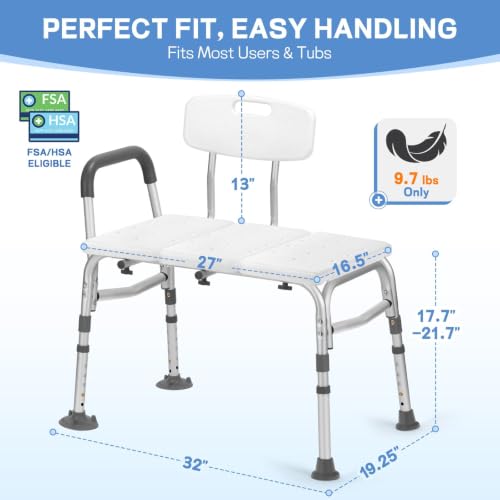 TABEKE Tub Transfer Bench for Bathtub, Tool Free Assembly Shower Chair with Backrest & Armrest, Height Adjustable Shower Bench, Shower Seat for Elderly and Disabled