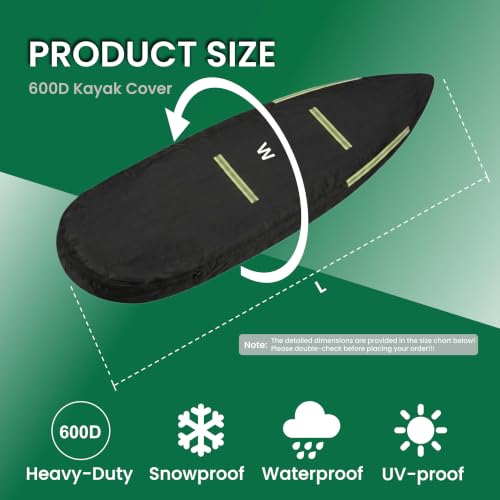 8-10 ft Kayak Cover, Made of 600D Oxford Fabric with a Cotton Lining. Features a Full-Coverage Design, Complete with Zippers and Fluorescent Straps.Suitable for Both Indoor and Outdoor Storage - size: 8-10FT