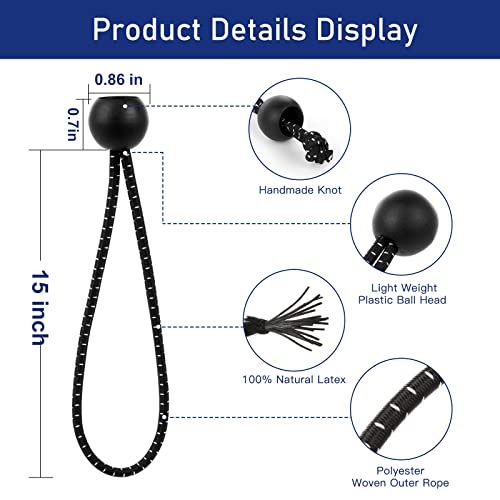 15 Inch Bungee Balls Ties,50 PCS Ball Bungee Cords Heavy Duty Elastic Cord Ball Bungee Canopy Tarp Tie Bungee with Balls for Camping, Shelter,Cargo,Tent Poles UV Resistant - size: 15 Inch