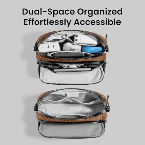 tomtoc Electronic Organizer Travel Case Performance, Water Resistant Dual Compartment Cable Organization Storage Bag for Charger, Cord, Phone, Hard Drive, Power Bank, Accessories Travel Essentials - color: Brown Plaid, size: Medium