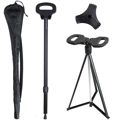 Cane with Seat 2-in-1 Portable Walking Stick with Seat for Men & Women Folding Lightweight Sturdy Tripod Cane Foldable Stool Mobility Aid Crutch Chair with Travel Bag for Elderly, Seniors & Handicap - color: New Dark Black