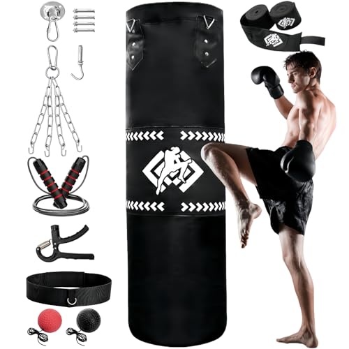 ZOOFOX Punching Bag for Adults, 4 Ft Heavy Bag with Chains and Hand Wraps for Beginners, 5-in-1 Boxing Bag for Kickboxing, MMA, Muay Thai, Karate, Home Gym or Fitness, Unfilled