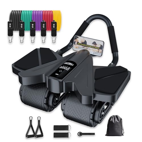 Ab Roller Home Gym Equipment – 4 Wheels Ab Wheel Muscle Roller with Built-in Tracker , 5Pcs Resistance Bands, Ankle Straps, Door Anchor, Handles, Travel Bag – Comfortable Elbow Support with Non-Slip Handles - color: Newer Black 13-In-1-Roller