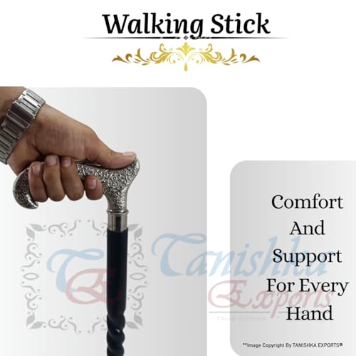 Victorian Wooden Walking Cane with Silver Brass Handle | Foldable, Elderly Gift, Mobility Support Stick For Men & Women