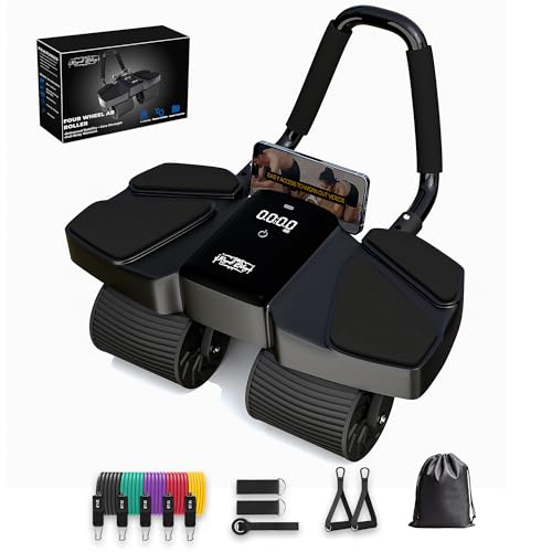 Ab Roller Home Gym Equipment – 4 Wheels Ab Wheel Muscle Roller with Built-in Tracker , 5Pcs Resistance Bands, Ankle Straps, Door Anchor, Handles, Travel Bag – Comfortable Elbow Support with Non-Slip Handles - color: Black New 13-In-1 Roller