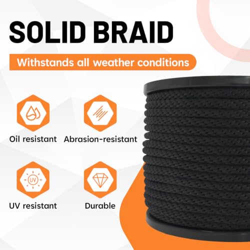 SDHUATUO 3/8 Inch Nylon Solid Braided Rope, 250FT Polyester Cord Black | 2420 lbs, UV Resistant & Wearproof, Soft Flexible Rope for Swings, Camping Tent, Flagpole, Outdoor Twine, Dog Leashes - color: Black, size: 3/8''-250ft